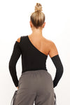 Black One Shoulder Mesh Cut Out Bodysuit