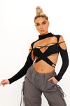 Black Ribbed High Neck Cut Out Crop Top