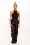 Black Ribbed High Neck Halter Racer Bodysuit