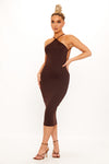 Brown Halter Ruched Backless Bodycon Midi Dress