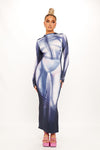 Blue High Neck Body Print Bodycon Maxi Dress