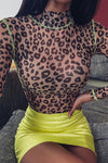 Leopard Print Sheer Mesh High Neck Long Sleeve Bodysuit