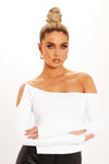 White Off Shoulder Split Detail Long Sleeve Crop Top