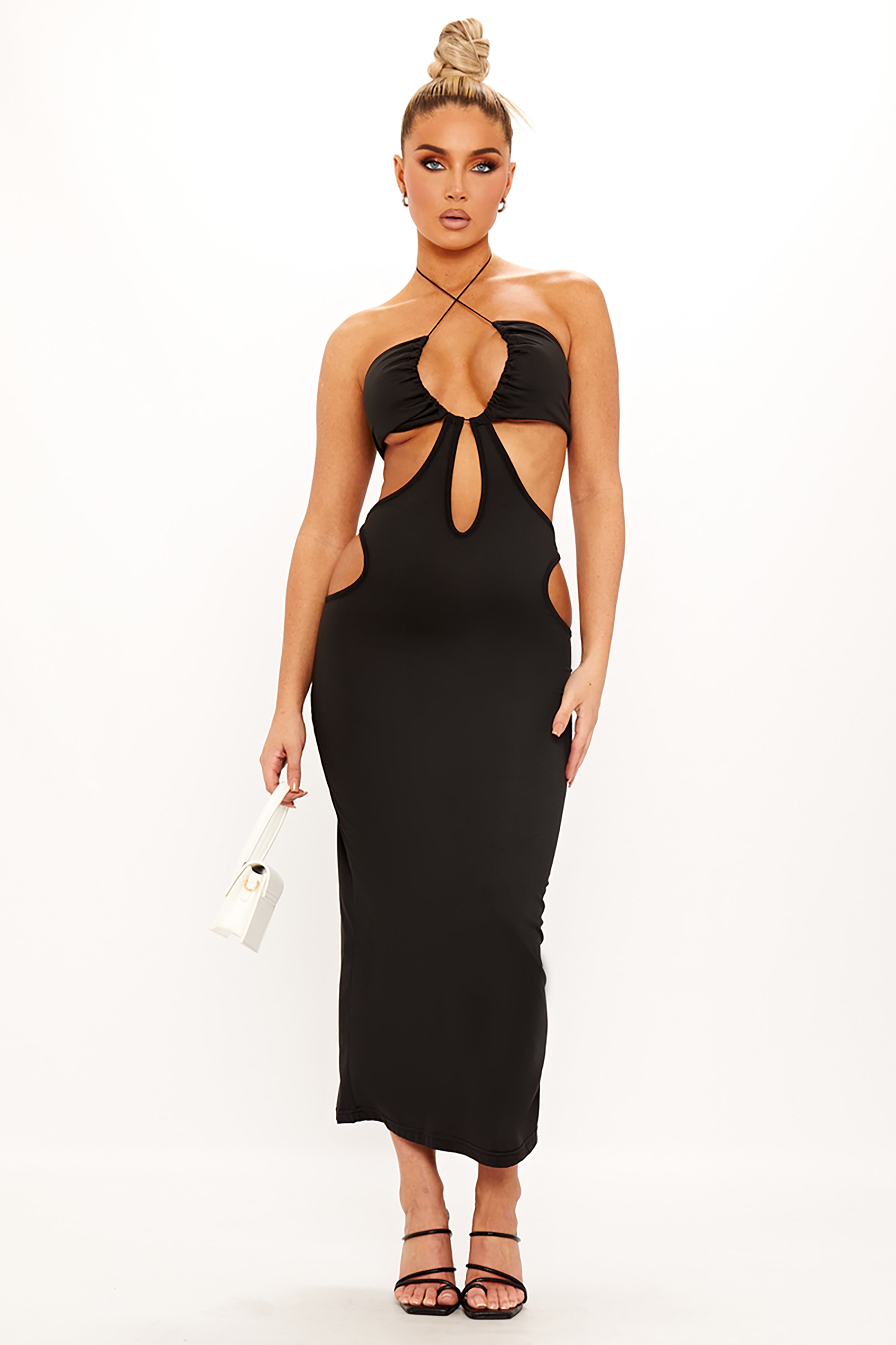 Black Cut Out Tie Detail Bodycon Midi Dress