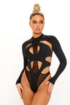 Black High Neck Cut Out Mesh Detail Long Sleeve Bodysuit