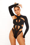 Black High Neck Cut Out Mesh Detail Long Sleeve Bodysuit