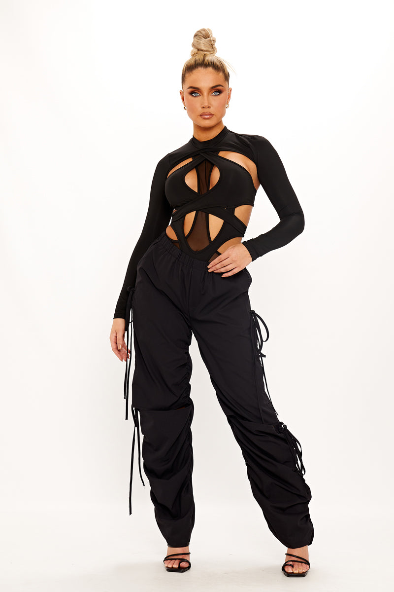 Black High Neck Cut Out Mesh Detail Long Sleeve Bodysuit