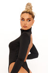 Black High Neck Shoulder Padded Open Back Bodysuit