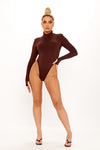 Brown High Neck Shoulder Padded Open Back Bodysuit