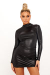 Black Faux Leather Ruched High Neck Mini Dress