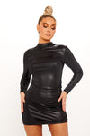 Black Faux Leather Ruched High Neck Mini Dress