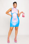 Blue High Neck Sleeveless Body Art Print Mini Dress