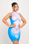 Blue High Neck Sleeveless Body Art Print Mini Dress