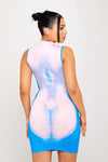 Blue High Neck Sleeveless Body Art Print Mini Dress