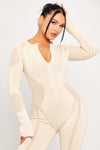 Beige Knitted Zip Detail Contour Jumpsuit