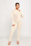 Beige Knitted Zip Detail Contour Jumpsuit