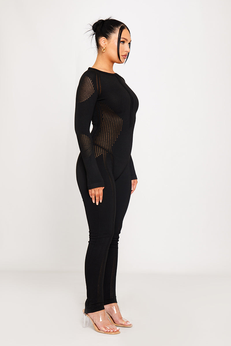 Black Knitted Zip Detail Contour Jumpsuit