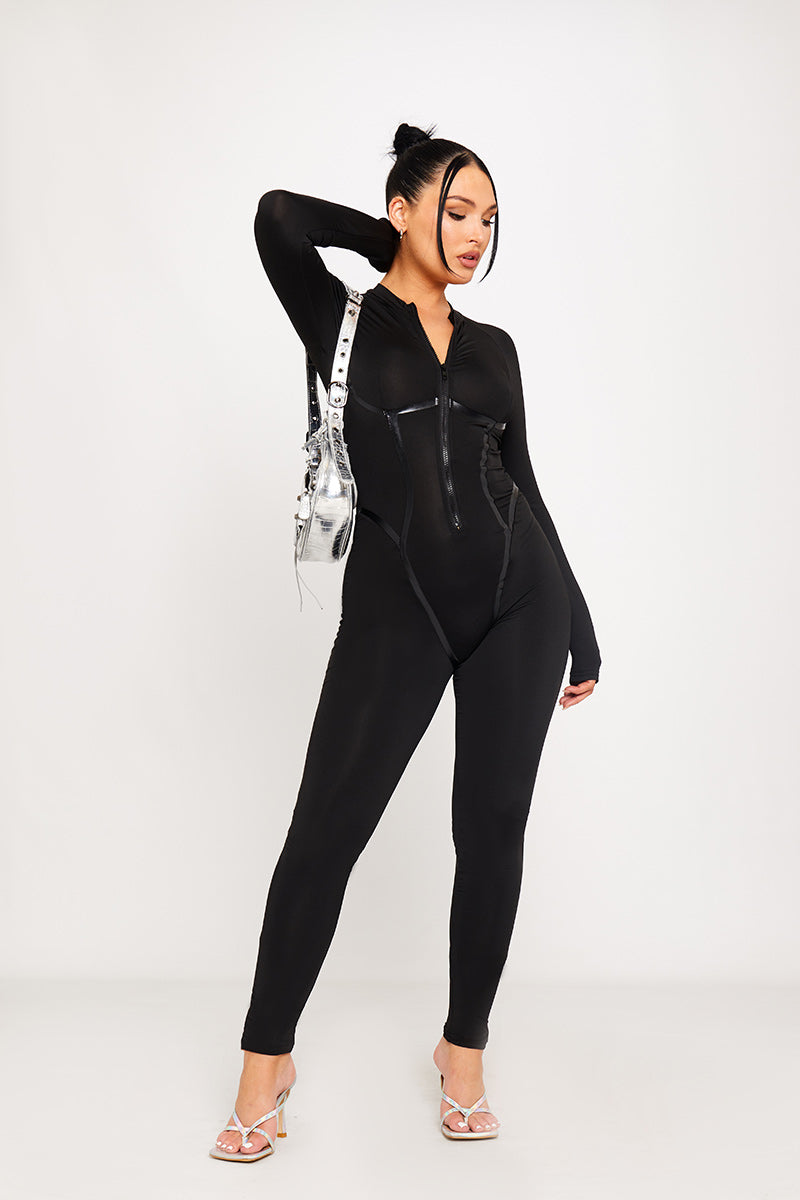Black Zip Front Corset Detail Long Sleeve Jumpsuit