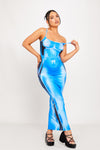 Blue Body Heat Print Strappy Bodycon Maxi Dress