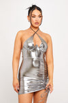 Silver Metallic Halter Bustier Ruched Mini Dress