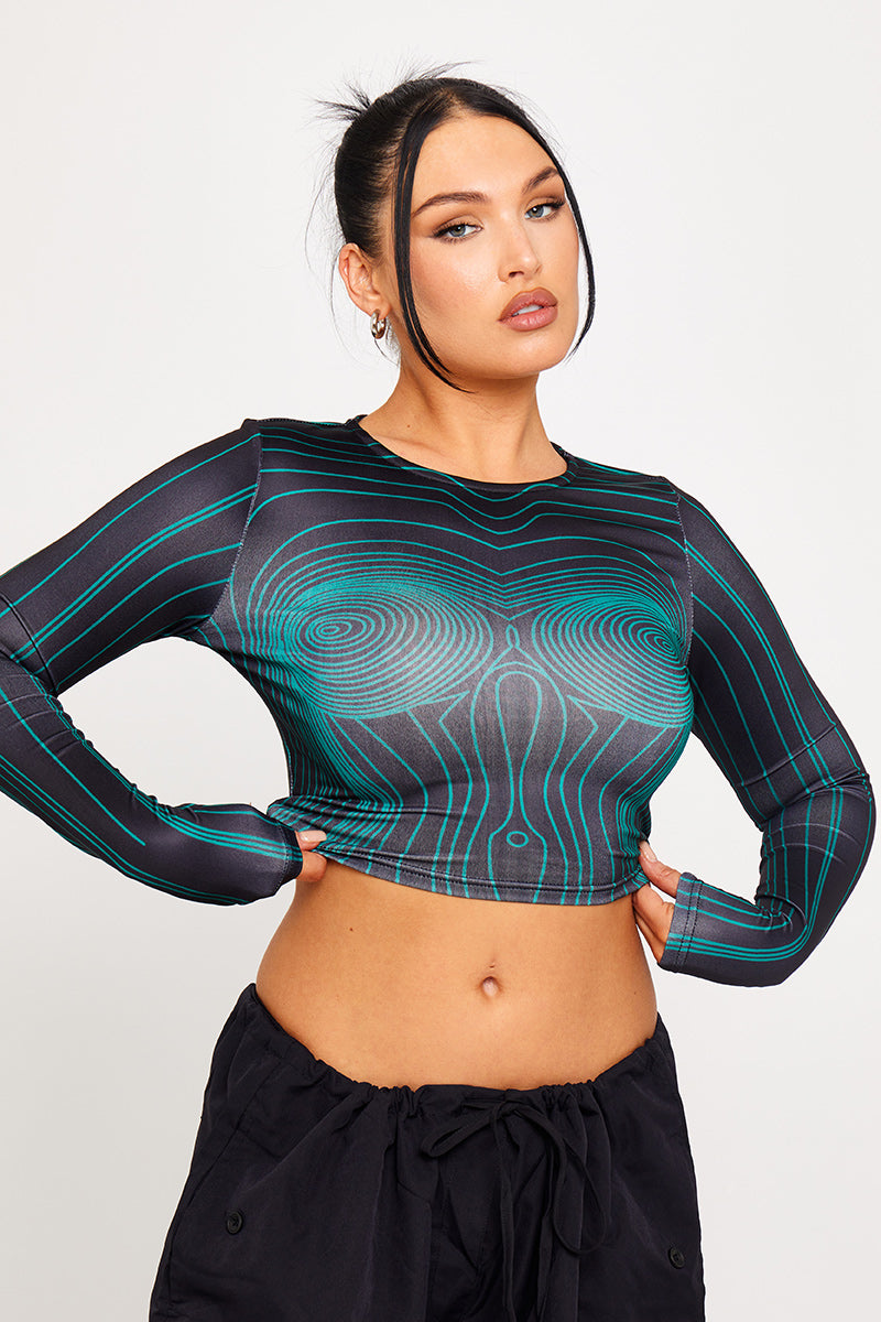 Black Body Map Print Long Sleeve Crop Top