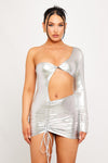 Silver Metallic One Shoulder Cut Out Ruched Mini Dress