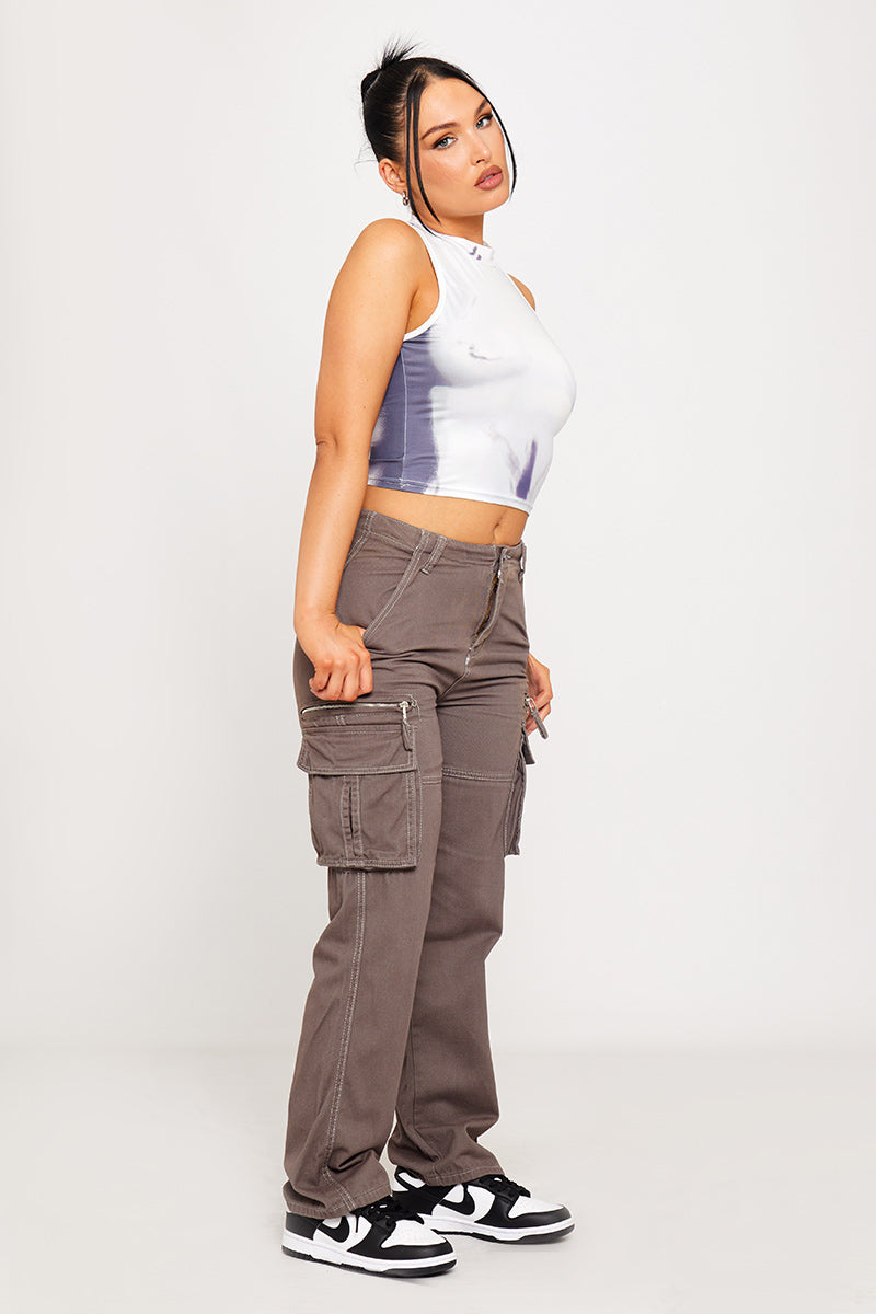 Grey Pocket Detail Straight Leg Cargo Trousers