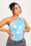 Blue Metallic One Shoulder Ruched Bodysuit