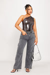 Grey Metallic One Shoulder Ruched Bodysuit