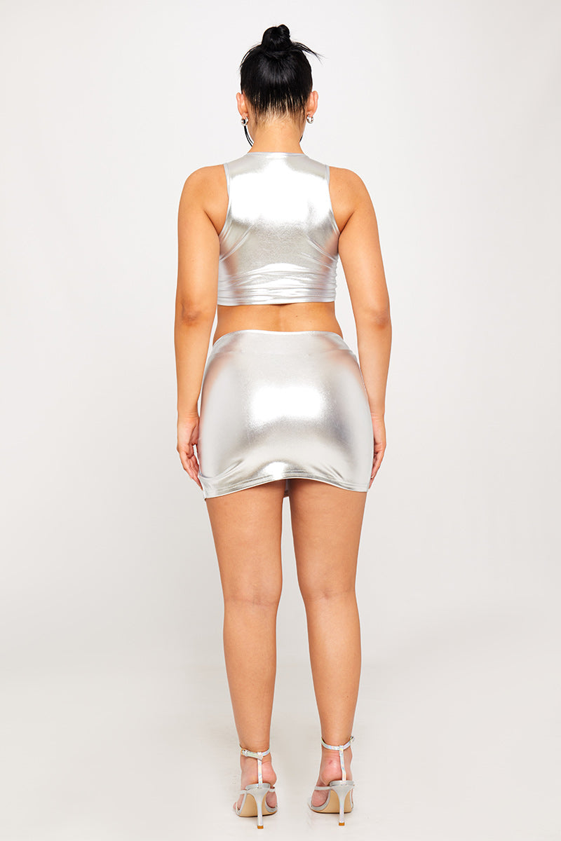 Silver Metallic Crop Top & Split Detail Mini Skirt Co-Ord