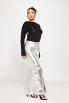 Silver Metallic Straight Leg High Waisted Jeans