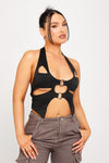 Black Cut Out Buckle Detail Halter Crop Top