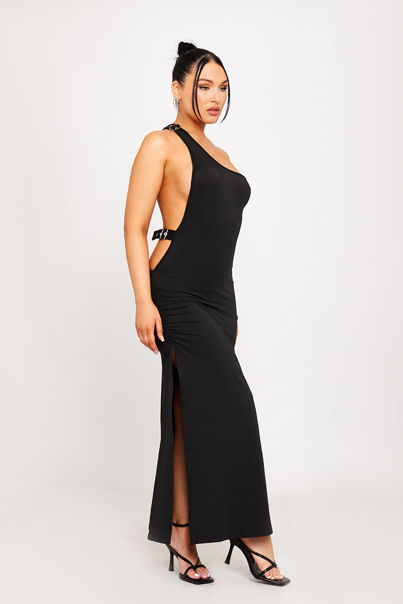 Black One Shoulder Buckle Detail Open Back Maxi Dress