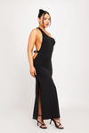 Black One Shoulder Buckle Detail Open Back Maxi Dress