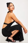 Black One Shoulder Buckle Detail Open Back Maxi Dress