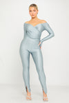 Silver Plunge Long Sleeve Wrap Top & Split Leggings Co-Ord