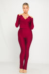 Wine Plunge Long Sleeve Wrap Top & Split Leggings Co-Ord