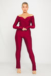 Wine Plunge Long Sleeve Wrap Top & Split Leggings Co-Ord