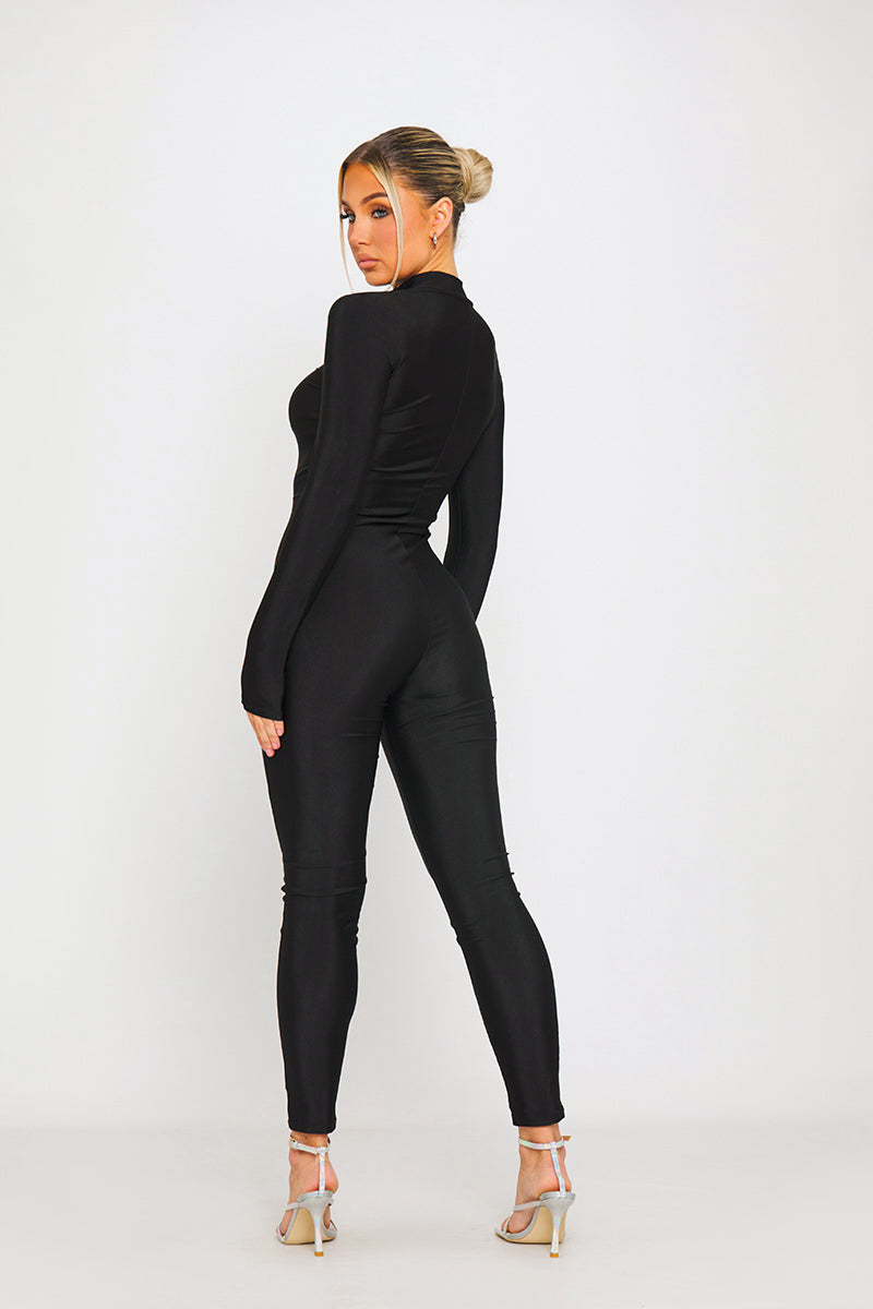 Black High Neck Seam Detail Long Sleeve Jumpsuit