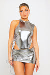 Silver Metallic High Neck Ruched Tie Detail Bodysuit