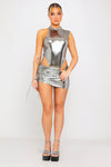 Silver Metallic High Neck Ruched Tie Detail Bodysuit