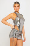 Silver Metallic Ruched Side Tie Detail Mini Skirt