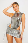 Silver Metallic Ruched Side Tie Detail Mini Skirt
