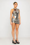 Silver Metallic Ruched Side Tie Detail Mini Skirt