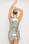 Silver Metallic Ruched Side Tie Detail Mini Skirt