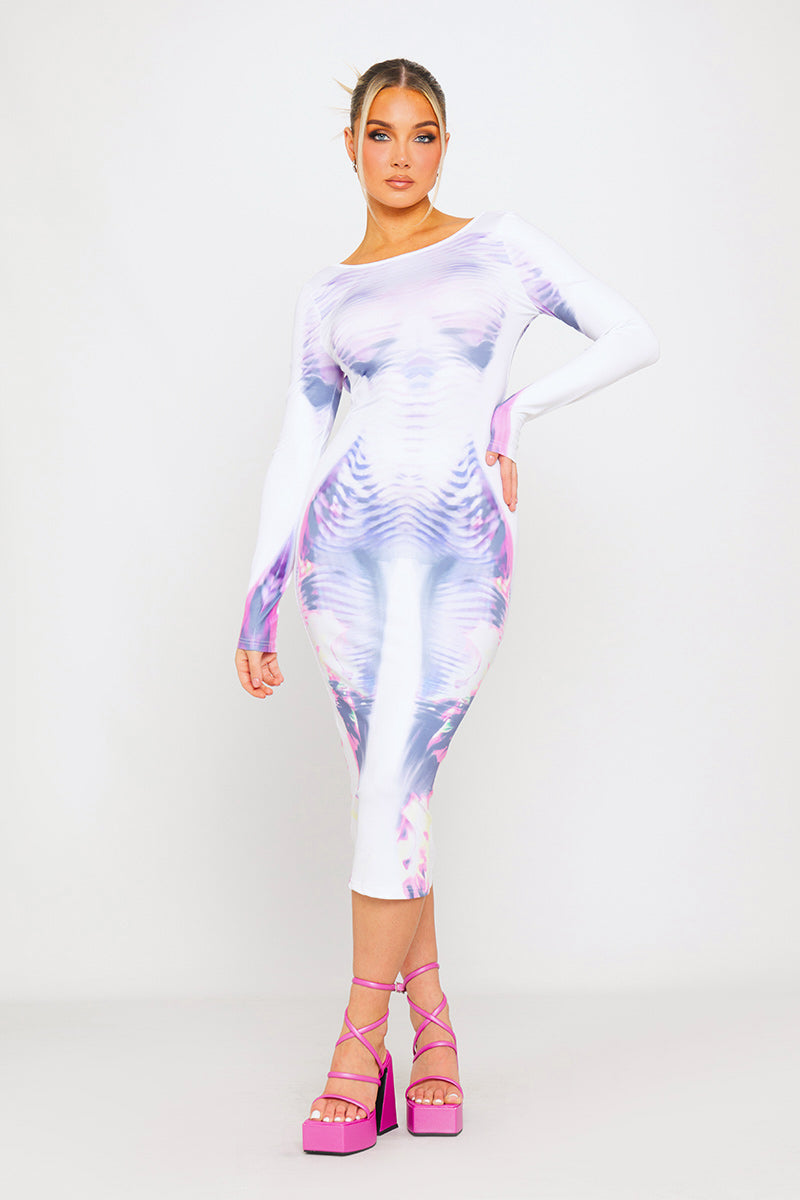White Body Art Print Backless Long Sleeve Midi Dress
