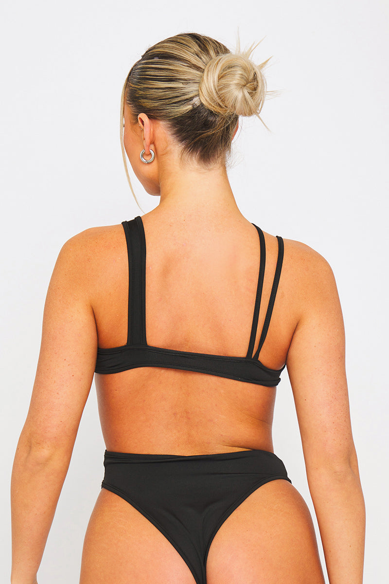 Black Asymmetric Cut Out Sleeveless Bodysuit