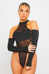 Black Mesh Extreme High Leg Bodysuit With Sleeves