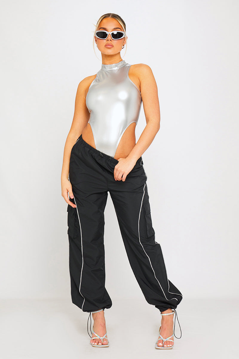 Silver Metallic High Neck Racer Cut Sleeveless Bodysuit