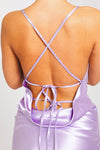 Purple Satin Cowl Neck Cross Back Mini Dress